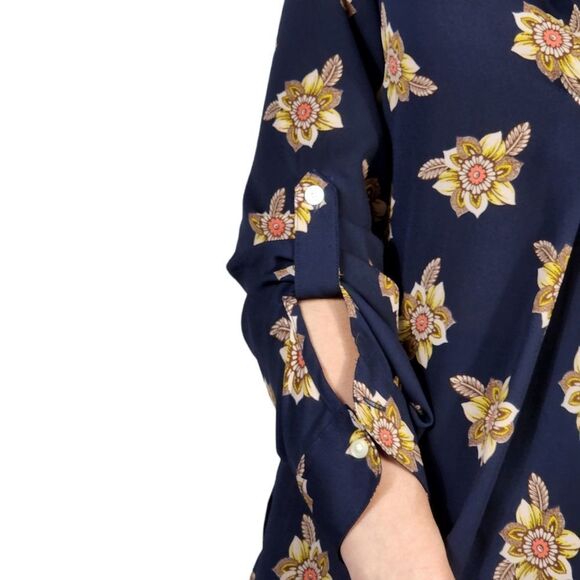 Women's Loft blouse navy floral long sleeve roll tab hi low hem tunic - Picture 5 of 7